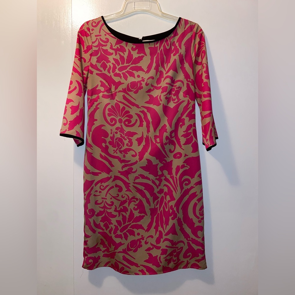 LOFT pink dress with tan and black detail.